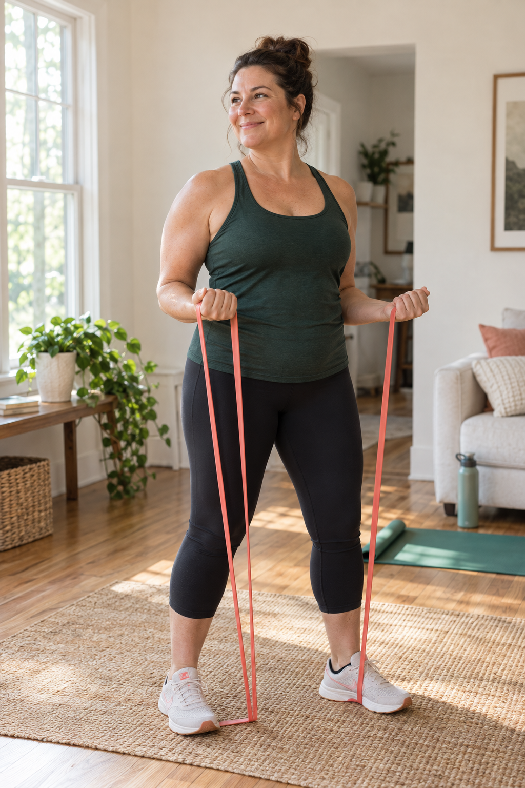 Woman doing a gentle resistance band workout at home