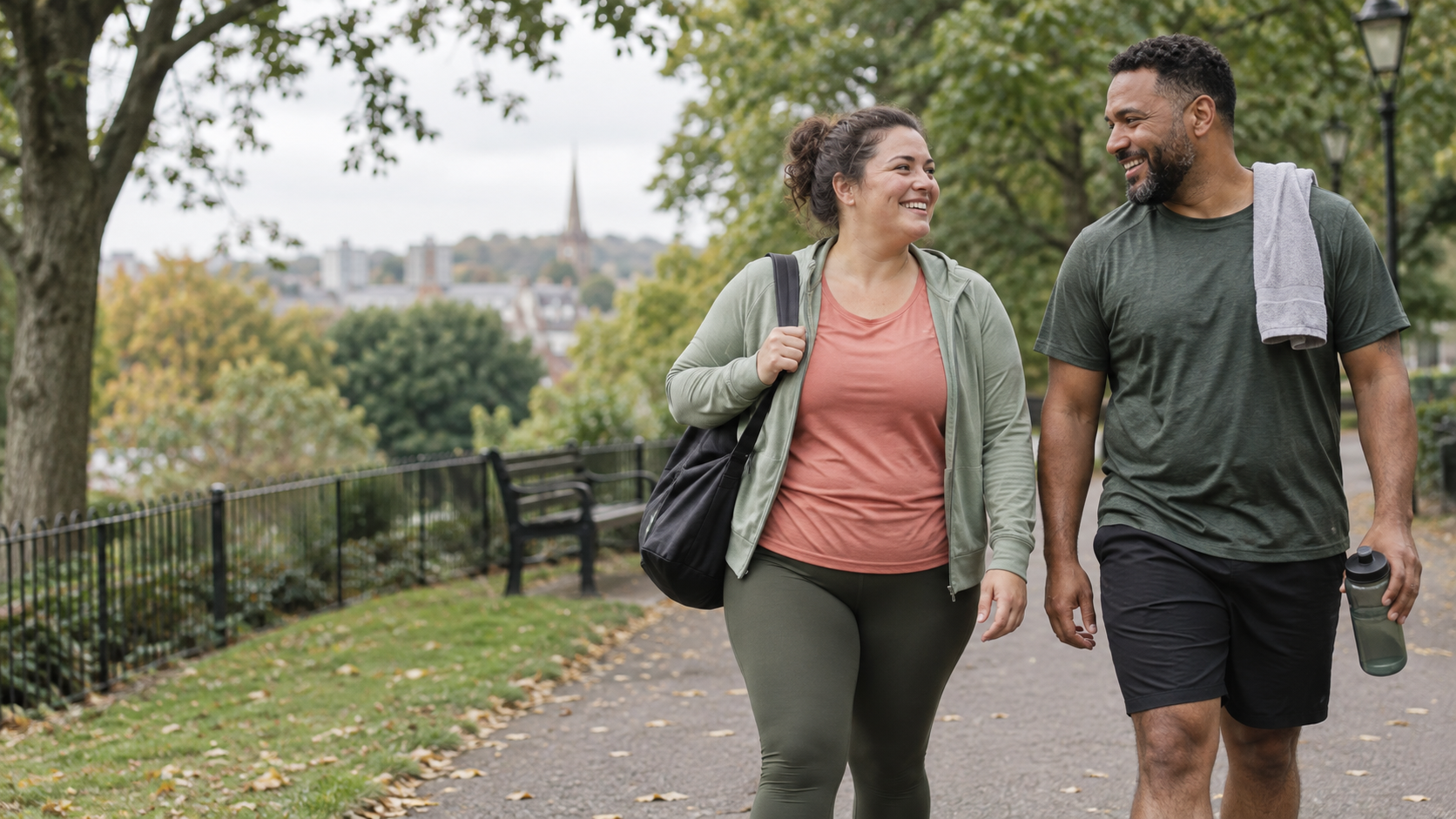 Two adults walking together after exercise